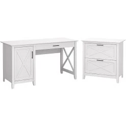 Bush Furniture Key West 54"W Laminated Wood Computer Desk with Storage & 2-Drawer File Cabinet, Pure White Oak (KWS008WT)