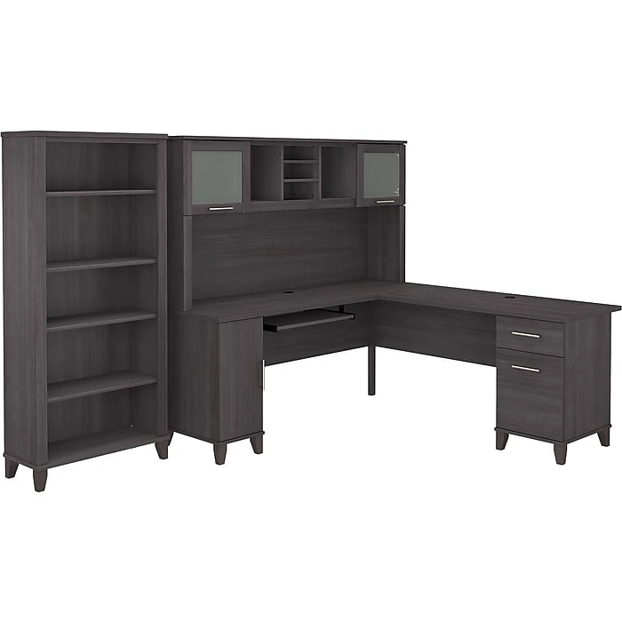 Bush Furniture Somerset 72"W L-Shaped Desk with Hutch & 5-Shelf Bookcase, Storm Gray | Laminated Wood Office Furniture 1 Bush Furniture Somerset 72"W L-Shaped Desk with Hutch & 5-Shelf Bookcase, Storm Gray | Laminated Wood Office Furniture