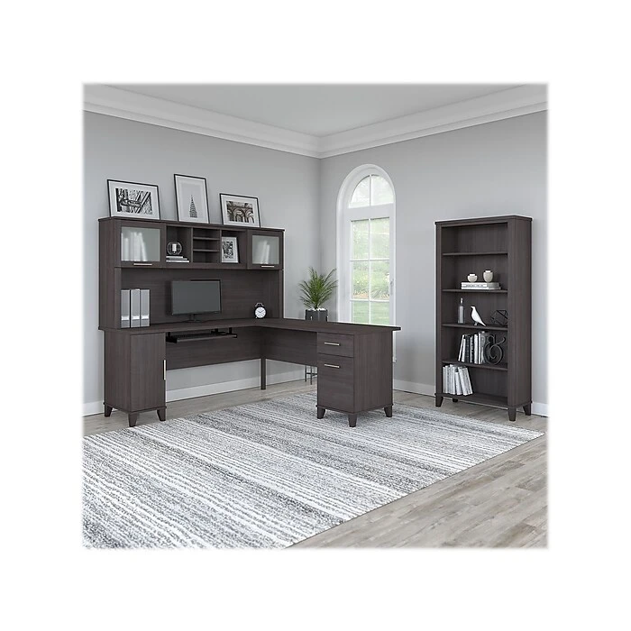 Bush Furniture Somerset 72"W L-Shaped Desk with Hutch & 5-Shelf Bookcase, Storm Gray | Laminated Wood Office Furniture 2 Bush Furniture Somerset 72"W L-Shaped Desk with Hutch & 5-Shelf Bookcase, Storm Gray | Laminated Wood Office Furniture - Image 2