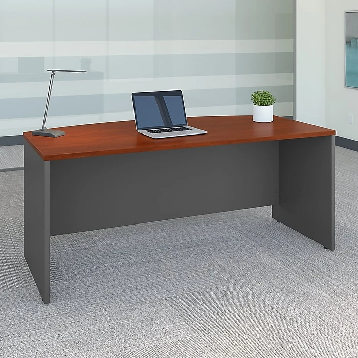 Bush Business Furniture Westfield 72W x 36D Bow Front Desk in Hansen Cherry/Graphite Gray | Modern Laminate Office Desk 2 Bush Business Furniture Westfield 72W x 36D Bow Front Desk in Hansen Cherry/Graphite Gray | Modern Laminate Office Desk - Image 2