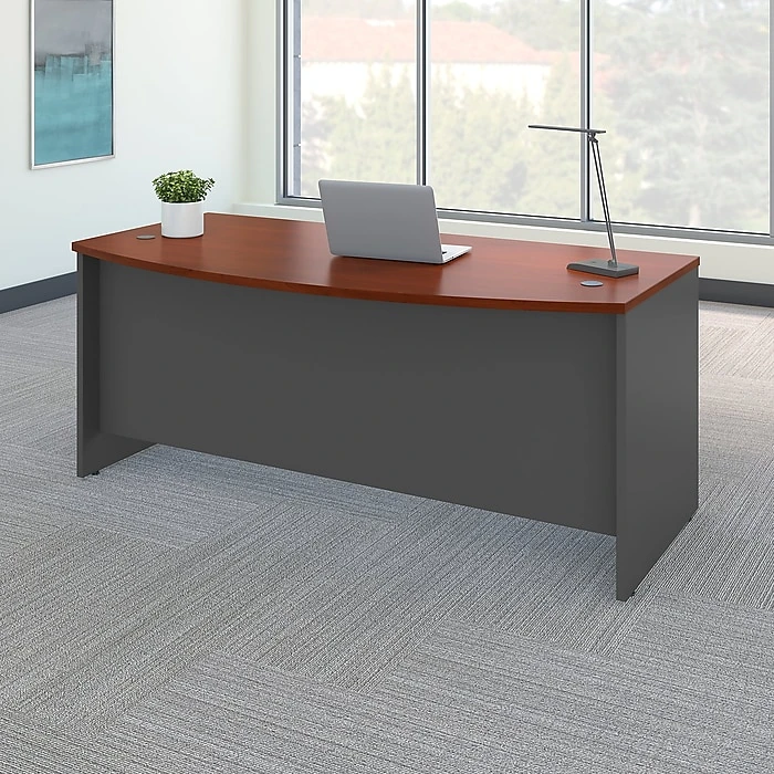 Bush Business Furniture Westfield 72W x 36D Bow Front Desk in Hansen Cherry/Graphite Gray | Modern Laminate Office Desk 3 Bush Business Furniture Westfield 72W x 36D Bow Front Desk in Hansen Cherry/Graphite Gray | Modern Laminate Office Desk - Image 3