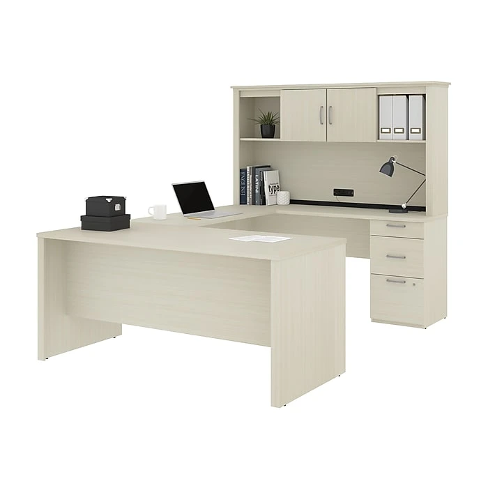 Bestar Logan 66W U or L-Shaped Executive Office Desk with Pedestal and Hutch - White Chocolate (46410-31) - Laminated Wood 2 Bestar Logan 66W U or L-Shaped Executive Office Desk with Pedestal and Hutch - White Chocolate (46410-31) - Laminated Wood - Image 2