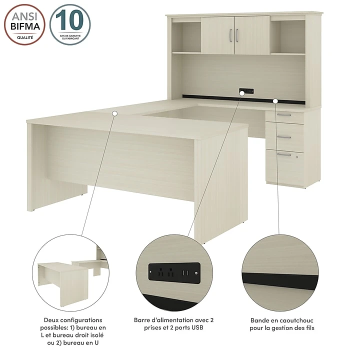 Bestar Logan 66W U or L-Shaped Executive Office Desk with Pedestal and Hutch - White Chocolate (46410-31) - Laminated Wood 6 Bestar Logan 66W U or L-Shaped Executive Office Desk with Pedestal and Hutch - White Chocolate (46410-31) - Laminated Wood - Image 6