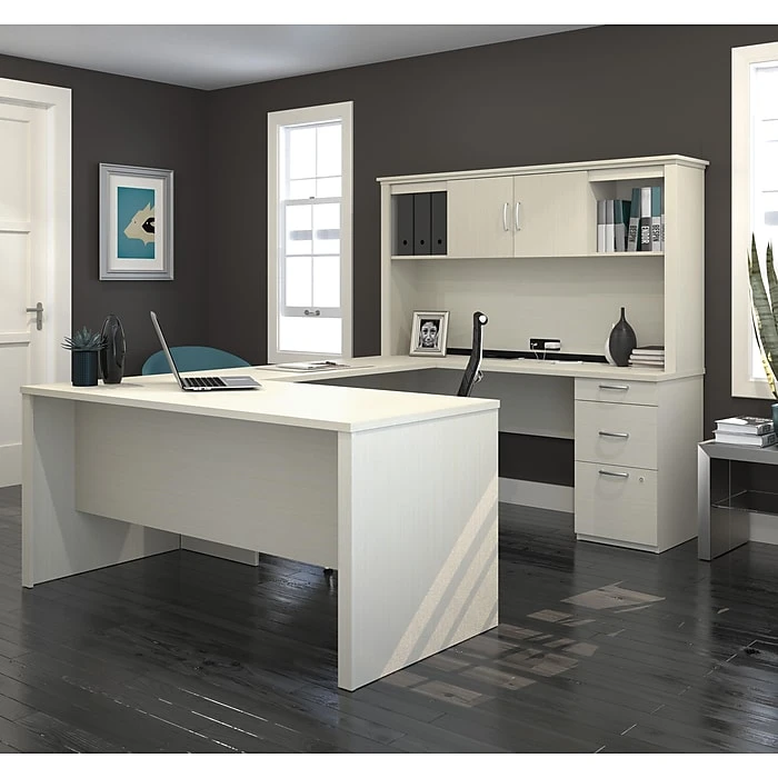 Bestar Logan 66W U or L-Shaped Executive Office Desk with Pedestal and Hutch - White Chocolate (46410-31) - Laminated Wood 7 Bestar Logan 66W U or L-Shaped Executive Office Desk with Pedestal and Hutch - White Chocolate (46410-31) - Laminated Wood - Image 7