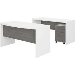 Office By Kathy Ireland® Echo 60"W Bow Front Desk with Credenza and Mobile File Cabinet, Pure White/Modern Gray - Laminated Wood Office Furniture
