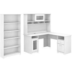 Bush Furniture Cabot 60" L-Shaped Desk With Hutch & 5-Shelf Bookcase, White - Space-Saving Home Office Solution