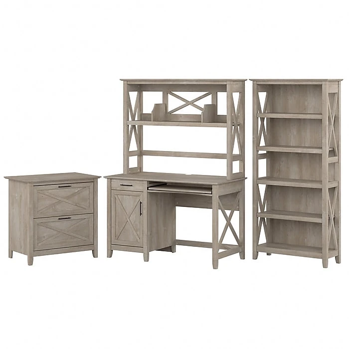 Bush Furniture Key West 48" Computer Desk with Bookcase & File Cabinet, Washed Gray | Laminated Wood Bundle 1 Bush Furniture Key West 48" Computer Desk with Bookcase & File Cabinet, Washed Gray | Laminated Wood Bundle