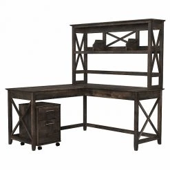 Bush Furniture Key West 60" L-Shaped Desk with Mobile 2-Drawer File Cabinet, Dark Gray Hickory | Laminated Wood Office Furniture