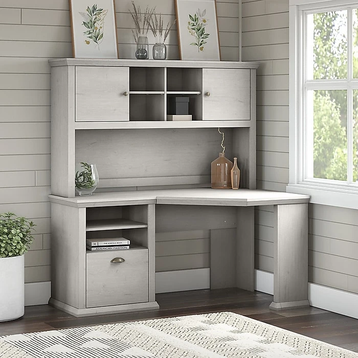 Bush Furniture Yorktown 60" Corner Desk With Hutch, Linen White Oak - Stylish & Functional Laminated Wood Desk 2 Bush Furniture Yorktown 60" Corner Desk With Hutch, Linen White Oak - Stylish & Functional Laminated Wood Desk - Image 2