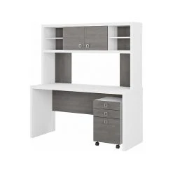 Office By Kathy Ireland® Echo 60"W Credenza Desk With Hutch & Mobile File Cabinet, Pure White/Modern Gray - Stylish Laminated Wood Office Furniture