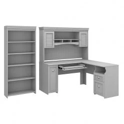 Bush Furniture Fairview 60" L-Shaped Desk with Hutch & 5-Shelf Bookcase - Cape Cod Gray (FV005CG)