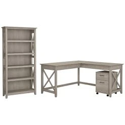 Bush Furniture Key West 60W L Shaped Desk with Mobile File Cabinet & 5-Shelf Bookcase, Washed Gray – Space-Saving Office Solution