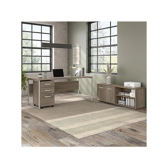 Bush Business Furniture Hybrid 72" W Computer Desk with Mobile File Cabinet, Modern Hickory (HYB014MHSU) | Laminated Wood Office Desk 2 Bush Business Furniture Hybrid 72" W Computer Desk with Mobile File Cabinet, Modern Hickory (HYB014MHSU) | Laminated Wood Office Desk - Image 2