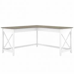 Bush Furniture Key West 60" L-Shaped Desk - Shiplap Gray & Pure White | Laminated Wood Office Desk