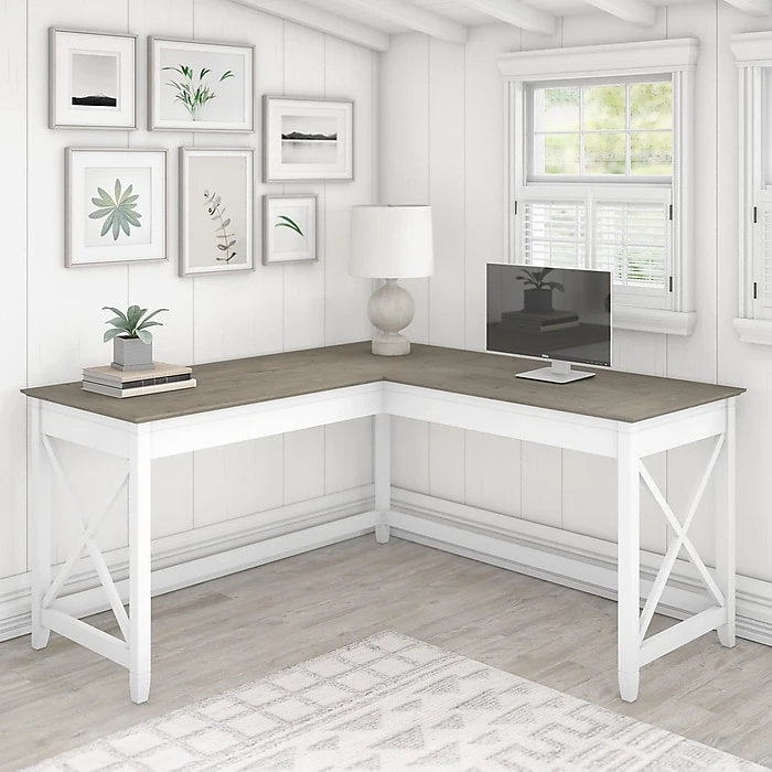 Bush Furniture Key West 60" L-Shaped Desk - Shiplap Gray & Pure White | Laminated Wood Office Desk 2 Bush Furniture Key West 60" L-Shaped Desk - Shiplap Gray & Pure White | Laminated Wood Office Desk - Image 2