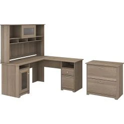 Bush Furniture Cabot 60" L-Shaped Desk with Hutch & Lateral File Cabinet - Ash Gray (CAB005AG)