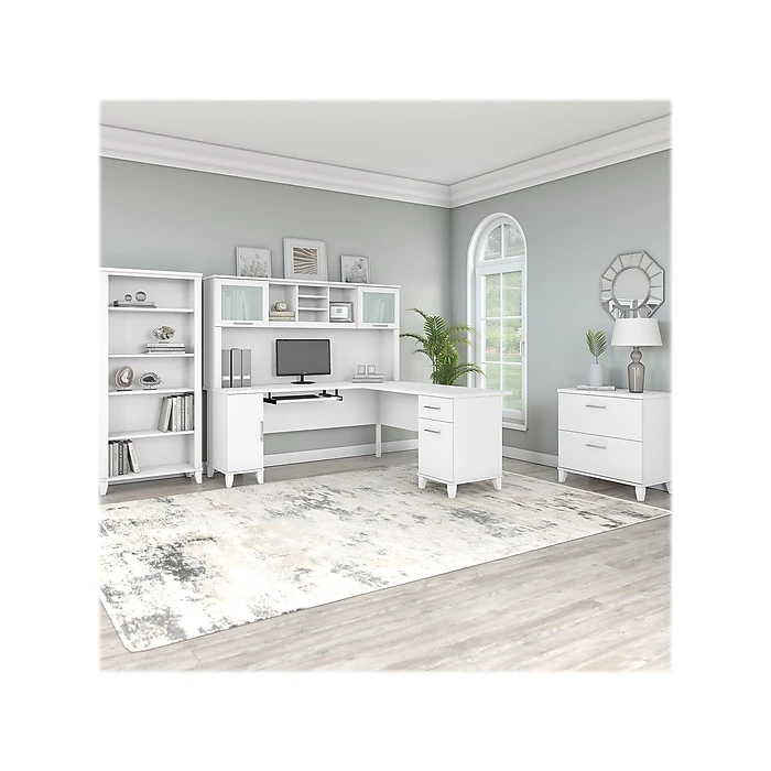 Bush Furniture Somerset 72"W White L-Shaped Desk with Hutch, File Cabinet & Bookcase - Laminated Wood Office Set (SET012WH) 2 Bush Furniture Somerset 72"W White L-Shaped Desk with Hutch, File Cabinet & Bookcase - Laminated Wood Office Set (SET012WH) - Image 2