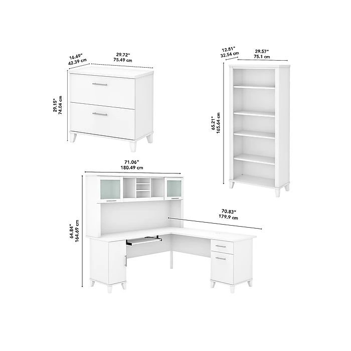 Bush Furniture Somerset 72"W White L-Shaped Desk with Hutch, File Cabinet & Bookcase - Laminated Wood Office Set (SET012WH) 5 Bush Furniture Somerset 72"W White L-Shaped Desk with Hutch, File Cabinet & Bookcase - Laminated Wood Office Set (SET012WH) - Image 5