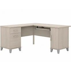 Bush Furniture Somerset 60" L-Shaped Desk With Storage in Sand Oak | Laminated Wood Workstation