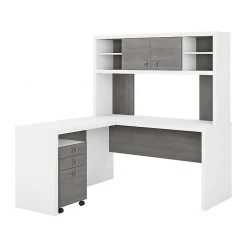 Office By Kathy Ireland® Echo 60"W L-Shaped Desk With Hutch & Mobile File Cabinet, Pure White/Modern Gray | Space-Saving Laminated Wood Office Furniture