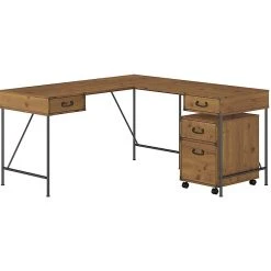 Bush Furniture Ironworks 60" L-Shaped Desk Bundle, Vintage Golden Pine (IW027VG) - Laminated Wood Modern Office Desk