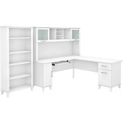 Bush Furniture Somerset 72" L-Shaped Desk with Hutch & 5-Shelf Bookcase, White (SET011WH) | Laminated Wood Office Furniture