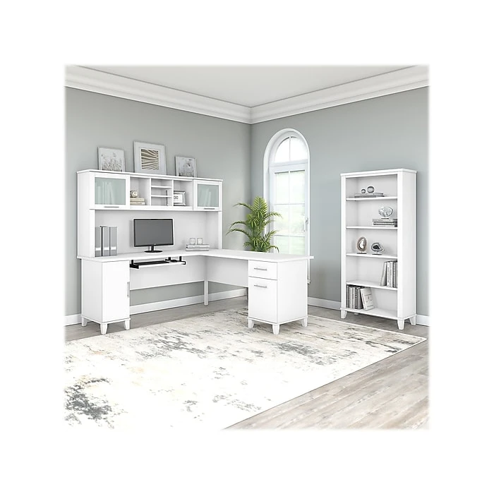 Bush Furniture Somerset 72" L-Shaped Desk with Hutch & 5-Shelf Bookcase, White (SET011WH) | Laminated Wood Office Furniture 2 Bush Furniture Somerset 72" L-Shaped Desk with Hutch & 5-Shelf Bookcase, White (SET011WH) | Laminated Wood Office Furniture - Image 2