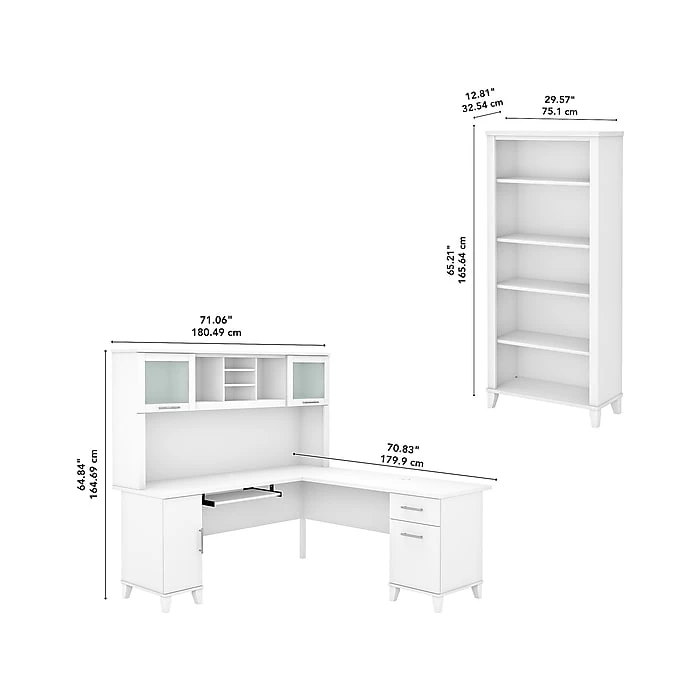 Bush Furniture Somerset 72" L-Shaped Desk with Hutch & 5-Shelf Bookcase, White (SET011WH) | Laminated Wood Office Furniture 5 Bush Furniture Somerset 72" L-Shaped Desk with Hutch & 5-Shelf Bookcase, White (SET011WH) | Laminated Wood Office Furniture - Image 5