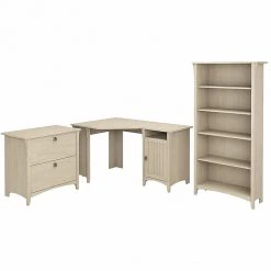 Bush Furniture Salinas 55W Corner Desk with File Cabinet & Bookcase – Antique White