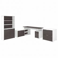 Bush Business Furniture Jamestown 71" L-Shaped Desk Bundle, Storm Gray/White - Premium Laminated Wood Office Desk