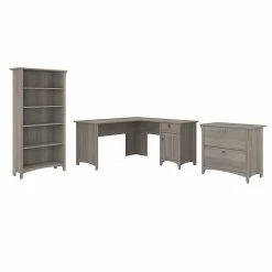 Bush Furniture Salinas 60" L-Shaped Desk with File Cabinet & Bookcase, Driftwood Gray (SAL003DG) - Laminated Wood Office Furniture