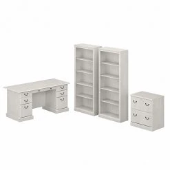 Bush Furniture Saratoga 66" Executive Desk with File Cabinet & Bookcase Set - Linen White Oak (SAR001LW) | Premium Laminated Wood Office Furniture