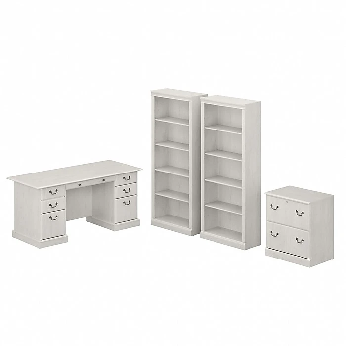 Bush Furniture Saratoga 66" Executive Desk with File Cabinet & Bookcase Set - Linen White Oak (SAR001LW) | Premium Laminated Wood Office Furniture 1 Bush Furniture Saratoga 66" Executive Desk with File Cabinet & Bookcase Set - Linen White Oak (SAR001LW) | Premium Laminated Wood Office Furniture