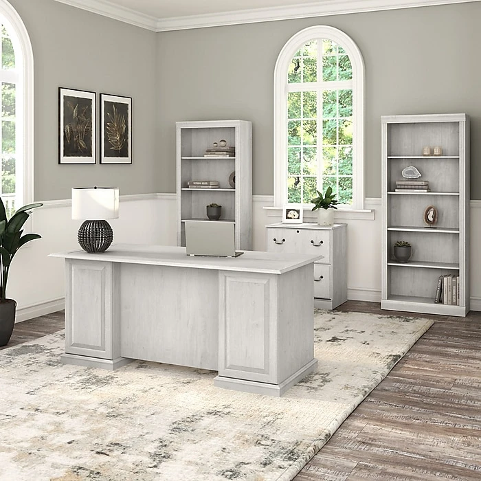 Bush Furniture Saratoga 66" Executive Desk with File Cabinet & Bookcase Set - Linen White Oak (SAR001LW) | Premium Laminated Wood Office Furniture 2 Bush Furniture Saratoga 66" Executive Desk with File Cabinet & Bookcase Set - Linen White Oak (SAR001LW) | Premium Laminated Wood Office Furniture - Image 2