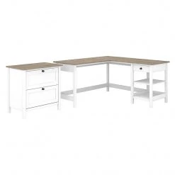 Bush Furniture Mayfield 60" L-Shaped Desk with File Cabinet - Pure White/Shiplap Gray
