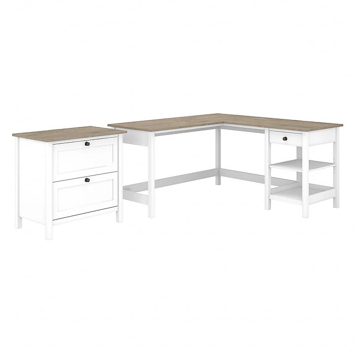 Bush Furniture Mayfield 60" L-Shaped Desk with File Cabinet - Pure White/Shiplap Gray 1 Bush Furniture Mayfield 60" L-Shaped Desk with File Cabinet - Pure White/Shiplap Gray