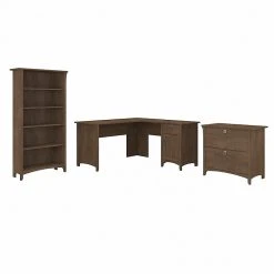 Bush Furniture Salinas 60" L-Shaped Desk with Lateral File Cabinet & 5-Shelf Bookcase, Ash Brown - Durable Laminated Wood Workspace
