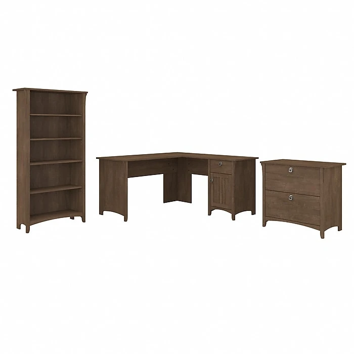 Bush Furniture Salinas 60" L-Shaped Desk with Lateral File Cabinet & 5-Shelf Bookcase, Ash Brown - Durable Laminated Wood Workspace 1 Bush Furniture Salinas 60" L-Shaped Desk with Lateral File Cabinet & 5-Shelf Bookcase, Ash Brown - Durable Laminated Wood Workspace
