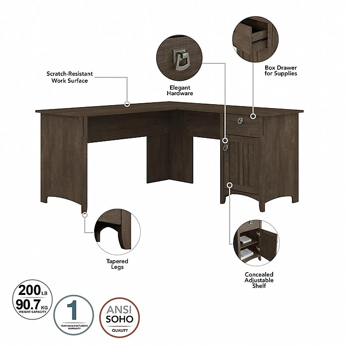 Bush Furniture Salinas 60" L-Shaped Desk with Lateral File Cabinet & 5-Shelf Bookcase, Ash Brown - Durable Laminated Wood Workspace 3 Bush Furniture Salinas 60" L-Shaped Desk with Lateral File Cabinet & 5-Shelf Bookcase, Ash Brown - Durable Laminated Wood Workspace - Image 3