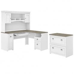 Bush Furniture Fairview 60" L-Shaped Desk with Hutch & Lateral File Cabinet | Shiplap Gray/Pure White