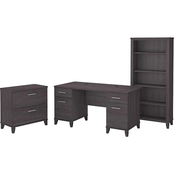 Bush Furniture Somerset 60"W Office Desk with Lateral File Cabinet & 5-Shelf Bookcase - Storm Gray (SET013SG) - Laminated Wood 1 Bush Furniture Somerset 60"W Office Desk with Lateral File Cabinet & 5-Shelf Bookcase - Storm Gray (SET013SG) - Laminated Wood