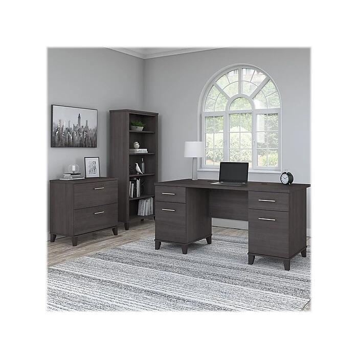 Bush Furniture Somerset 60"W Office Desk with Lateral File Cabinet & 5-Shelf Bookcase - Storm Gray (SET013SG) - Laminated Wood 2 Bush Furniture Somerset 60"W Office Desk with Lateral File Cabinet & 5-Shelf Bookcase - Storm Gray (SET013SG) - Laminated Wood - Image 2