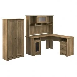 Bush Furniture Cabot 60" L-Shaped Desk With Hutch And Tall Storage Cabinet, Reclaimed Pine - Durable Laminated Wood Workspace