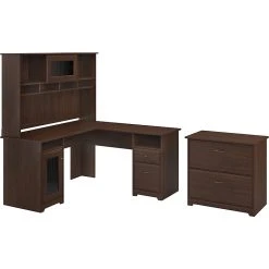 Bush Furniture Cabot 60" L-Shaped Desk with Hutch & Lateral File Cabinet, Modern Walnut (CAB005MW) - Laminated Wood Office Desk