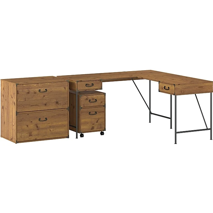 Kathy Ireland Home Ironworks 60" L-Shaped Desk Bundle - Vintage Golden Pine | Laminated Wood Office Desk 1 Kathy Ireland Home Ironworks 60" L-Shaped Desk Bundle - Vintage Golden Pine | Laminated Wood Office Desk