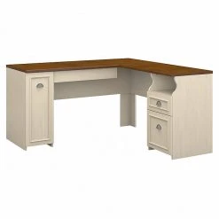 Bush Furniture Fairview L Shaped Desk - Antique White/Tea Maple | Modern Laminate Office Desk