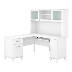 Bush Furniture Somerset 60"W L-Shaped Desk with Hutch, White (SET002WH) - Stylish Laminated Wood Office Desk