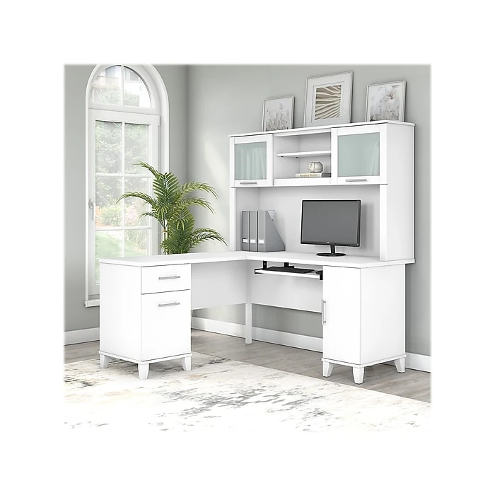 Bush Furniture Somerset 60"W L-Shaped Desk with Hutch, White (SET002WH) - Stylish Laminated Wood Office Desk 2 Bush Furniture Somerset 60"W L-Shaped Desk with Hutch, White (SET002WH) - Stylish Laminated Wood Office Desk - Image 2