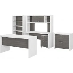 Office By Kathy Ireland® Echo 60"W Bow Front Desk with Credenza, Bookcase & File Cabinets - Pure White/Modern Gray (ECH029WHMG)