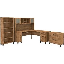 Bush Furniture Somerset 72" L-Shaped Desk with Hutch, Lateral File Cabinet & 5-Shelf Bookcase in Fresh Walnut - Complete Workspace Solution